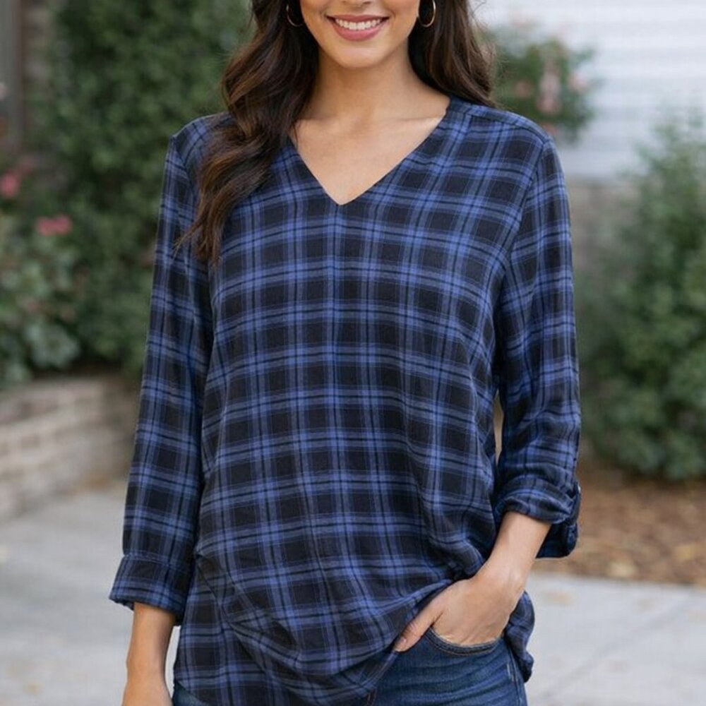 Amanda Uprichard Blue Plaid V-Neck Blouse 100% Silk
